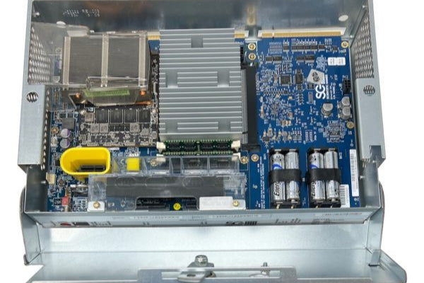 Computer motherboard with various components on a white background